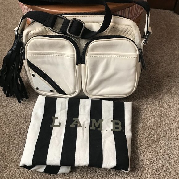L.A.M.B. Handbags - L.A.M.B. White w/Black Zippers Leather Crossbody Bag, Adjustable Strap, Dust Bag